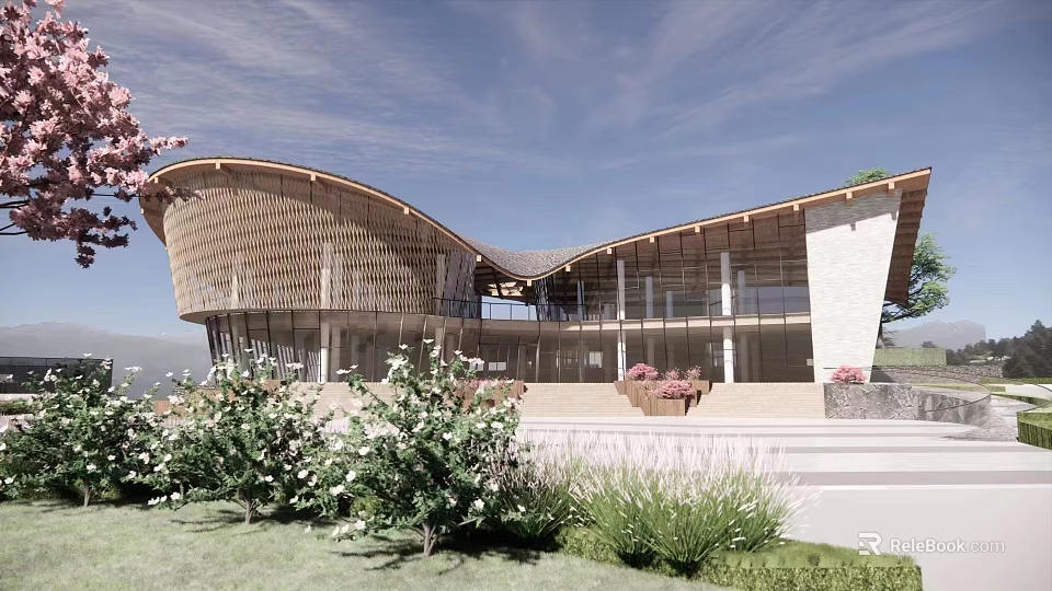 Modern Curved Roof Building With Wooden Glass Structure And Greenery Flower Beds 3d model 