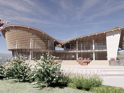 Modern Curved Roof Building With Wooden Glass Structure And Greenery Flower Beds 3d model