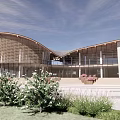 Modern Curved Roof Building With Wooden Glass Structure And Greenery Flower Beds