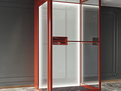 Modern Elevator With Red Frame And Transparent Glass In Interior Space 3d model
