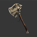 Decorative Battle Axe With Skull Shaped Head Intricate Carved Details And Wooden Handle