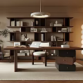 Warm Modern Study Room Interior With Wooden Bookshelf Desk Pendant Light Books And Decorative Plants