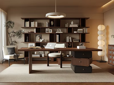 Warm Modern Study Room Interior With Wooden Bookshelf Desk Pendant Light Books And Decorative Plants 3d model
