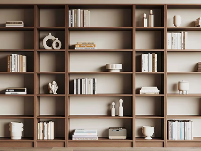 Modern Wooden Storage Shelf Featuring Books Decorative Vases Sculptures And Ornaments 3d model