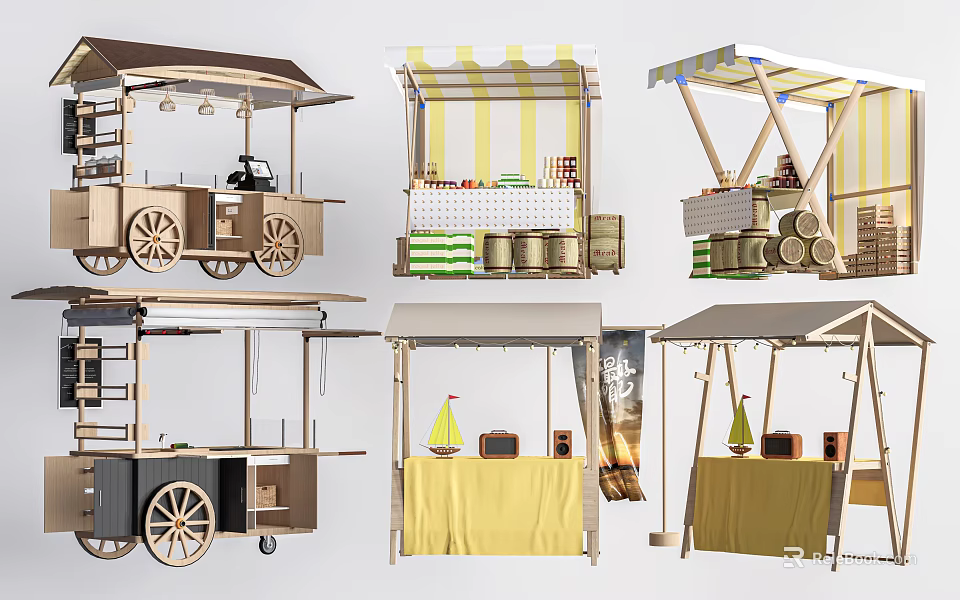 Decorative Mobile Garden Carts With Wooden Structures And Striped Canopy Designs 3d model 