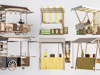 Decorative Mobile Garden Carts With Wooden Structures And Striped Canopy Designs 3d model
