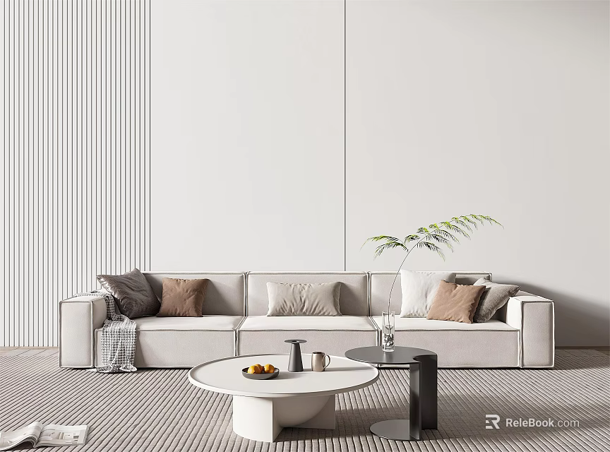 Beige Sofa and White Round Coffee Table Set with Colorful Cushions Fruits and Green Plant 3d model 