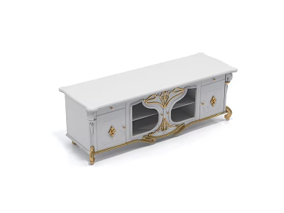 Elegant White TV Stand With Gold Accents And Carved Door Design Details 3d model