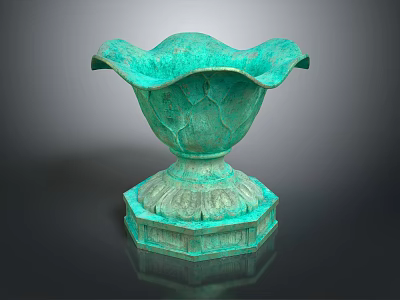 Ancient Turquoise Green Bronze Vase With Petal Shaped Rim And Hexagonal Base 3d model