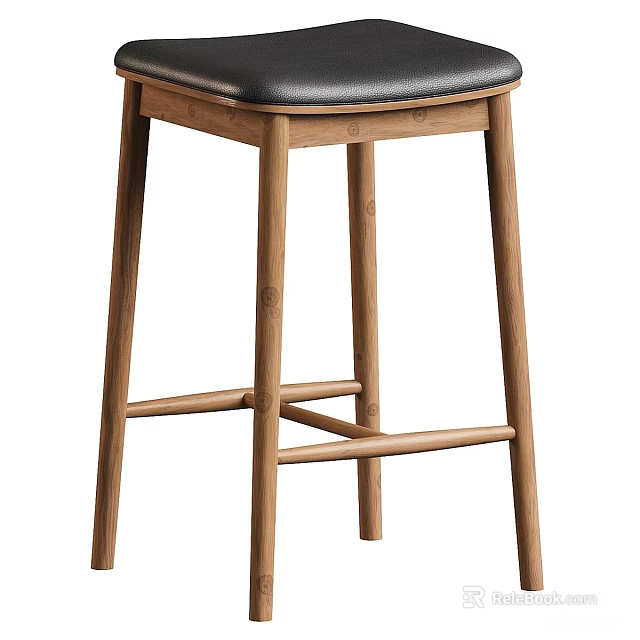 Modern Wooden Bar Stool With Black Padded Seat And Sturdy Support Legs 3d model 