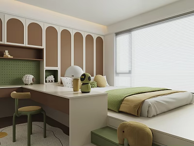 Tatami Bedroom Interior Design With Desk Chair Built In Cabinets Table Lamp And Window Blinds 3d model