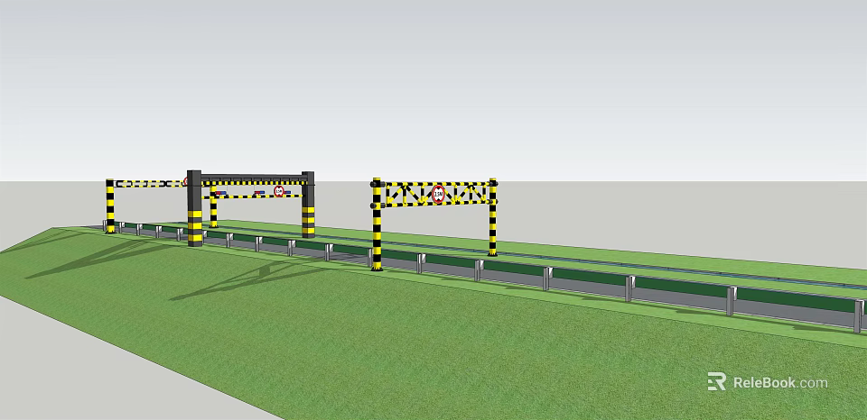 Yellow Black Striped Height Restriction Barrier Public Facility Along Road With Railings And Green Grass 3d model 