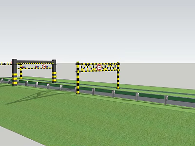 Yellow Black Striped Height Restriction Barrier Public Facility Along Road With Railings And Green Grass 3d model