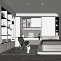 Modern Tatami Bedroom Interior Design With Desk Chair Bookshelves And Decorative Rug