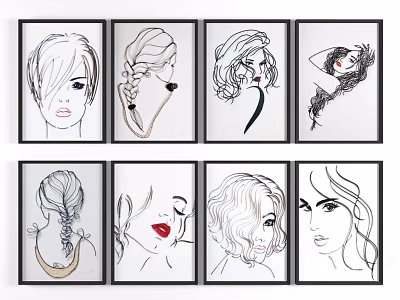 Set of Eight Female Portrait Line Art with Varied Hairstyles and Makeup Details 3d model