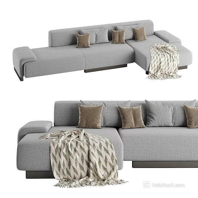 Modern Gray Fabric Sectional Sofa With Decorative Pillows And Cozy Blanket 3d model 