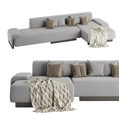 Modern Gray Fabric Sectional Sofa With Decorative Pillows And Cozy Blanket 3d model