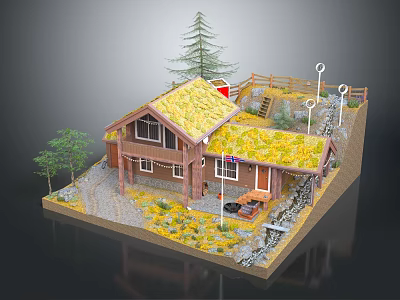 Charming Cartoon Scene With Small Cabin Yellow Roof Pine Tree Gravel Path Stones And Yard 3d model
