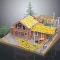 Charming Cartoon Scene With Small Cabin Yellow Roof Pine Tree Gravel Path Stones And Yard
