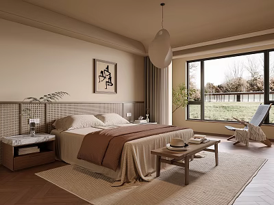 Serene Bedroom Interior Design With Rattan Headboard Pendant Light Wall Art And Scenic View 3d model