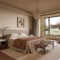 Serene Bedroom Interior Design With Rattan Headboard Pendant Light Wall Art And Scenic View