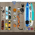 Assorted Sports Equipment Display With Skis Skateboards Basketballs Soccer Balls And Surfboard On Pegboard