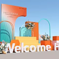 Welcome Home Event Setup With Colorful Stage Arches And Flower Bouquets 3d model