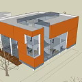 Modern Orange Two Storey Office Building With Large Glass Windows And Exterior View