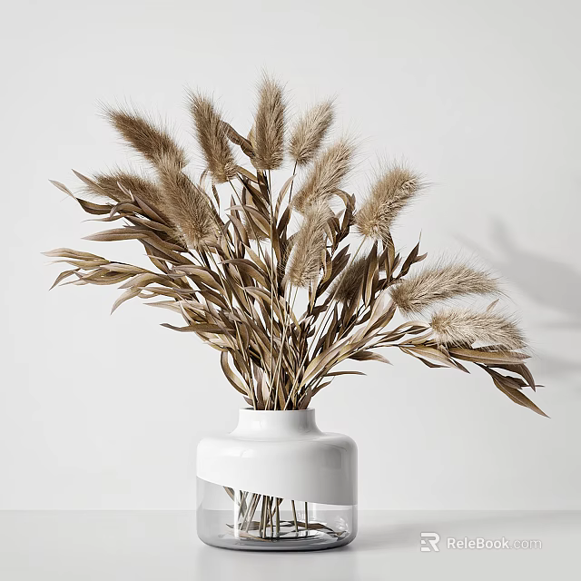 White Vase With Dried Pampas Grass And Leaves For Interior Decor 3d model 