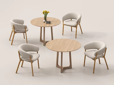 Modern Leisure Chair Set With Round Wooden Tables And Light Colored Cushions In Simple Design 3d model