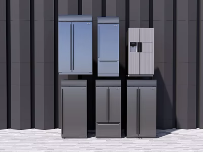 Modern Refrigerators And Freezers In Various Styles With Sleek Design Against Dark Wall 3d model