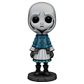 Cute White Hooded Figurine With Large Eyes Teal Coat White Dress And Brown Base