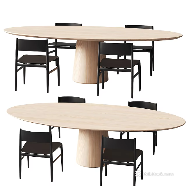 Oval Light Wood Dining Table Set With Black Chairs For Home Dining Room 3d model 