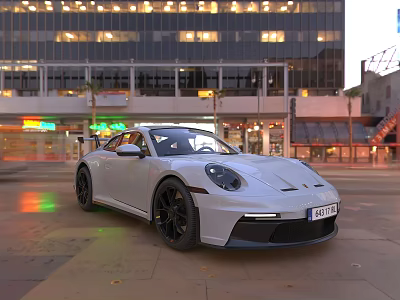 White Porsche Sports Car on Urban Street with Tall Buildings and Evening City Lights 3d model