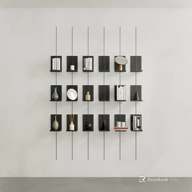 Modern Black Wall Cabinets Rows on Light Wall With Small Items Books Decor 3d model