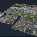 School Campus Building Layout With Multiple Structures Green Spaces Sports Fields And Courtyards 3d model
