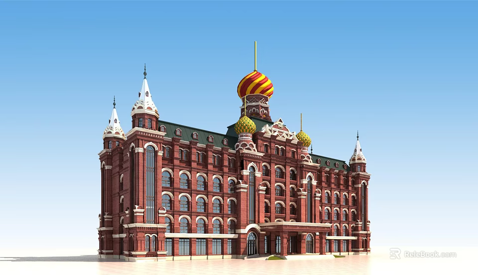 Classical Style Office Building With Red Brick Walls Spires And Central Yellow Red Striped Dome 3d model 