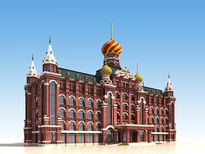 Classical Style Office Building With Red Brick Walls Spires And Central Yellow Red Striped Dome 3d model