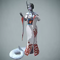 Woman in Traditional Kimono with Horns White Skin Red Eyes and Smoking Pipe