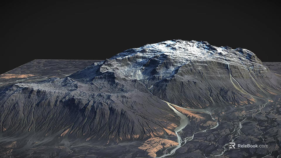 Stunning Natural Landscape Featuring Snow Capped Mountain And Winding River In Rugged Terrain 3d model 