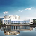 Modern White Building With Circular Roof Near Waterfront And Lush Green Garden
