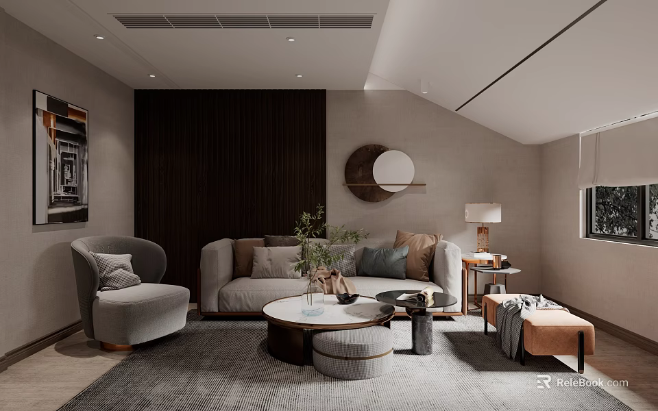 Modern Living Room Interior With Sofa Armchair Round Coffee Table Rug And Decorative Wall Art 3d model 