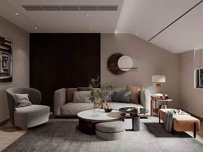 Modern Living Room Interior With Sofa Armchair Round Coffee Table Rug And Decorative Wall Art 3d model