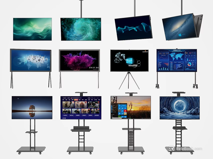 Modern Televisions With Hanging And Stand Mounts Displaying Scenic Abstract And Data Visuals 3d model