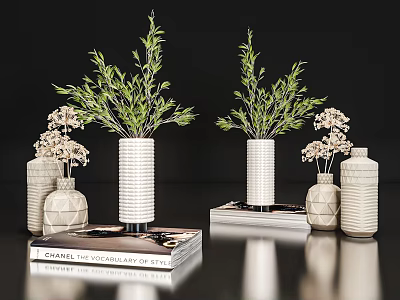 Minimalist Decorative Ornament Set With Ceramic Vases Green Plants White Dried Flowers And Books 3d model