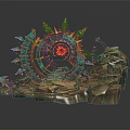 Fantasy Decorative Scene Structure With Circular Arch Spikes Golden Decor Red Symbol Rocks And Steps