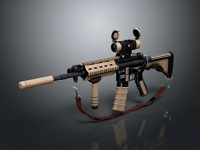 Tactical Rifle With Tan Black Finish Dual Scopes Ergonomic Stock And Adjustable Strap 3d model