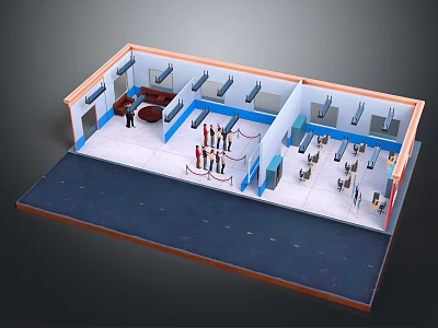 Cartoon Scene Of Indoor Layout With Multiple Sections People Standing And Seating Facilities 3d model