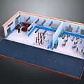 Cartoon Scene Of Indoor Layout With Multiple Sections People Standing And Seating Facilities