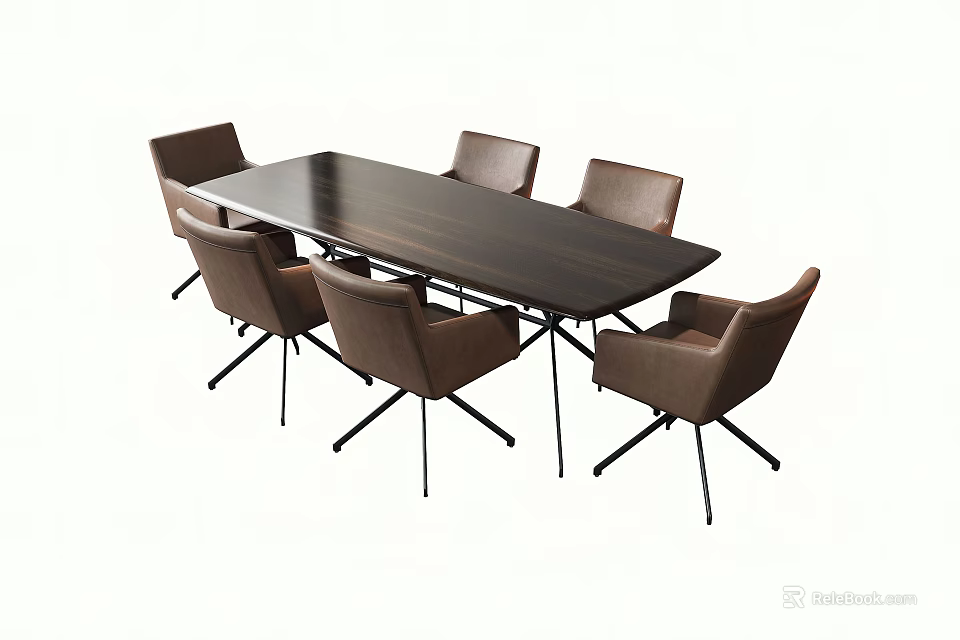 Dark Wood Rectangular Conference Table With Six Brown Metal Leg Chairs 3d model 